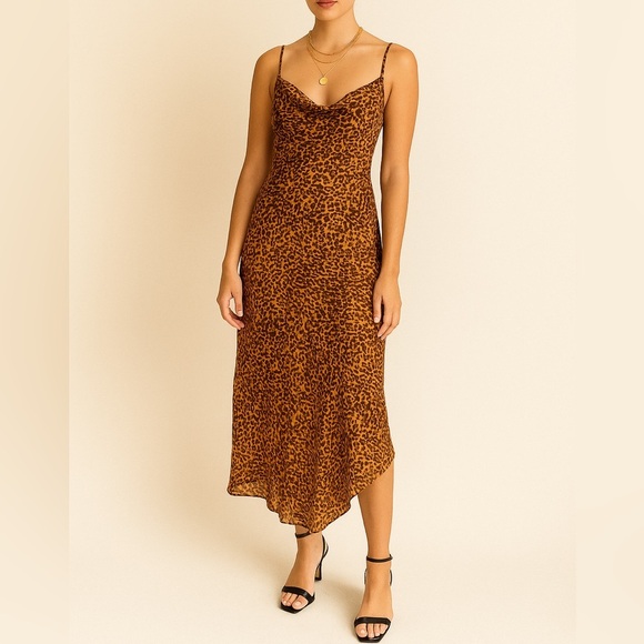 C/MEO Slip Midi Dress Size M Yellow Brown Mustard Painted Spot Animal Guest Of - Picture 1 of 13
